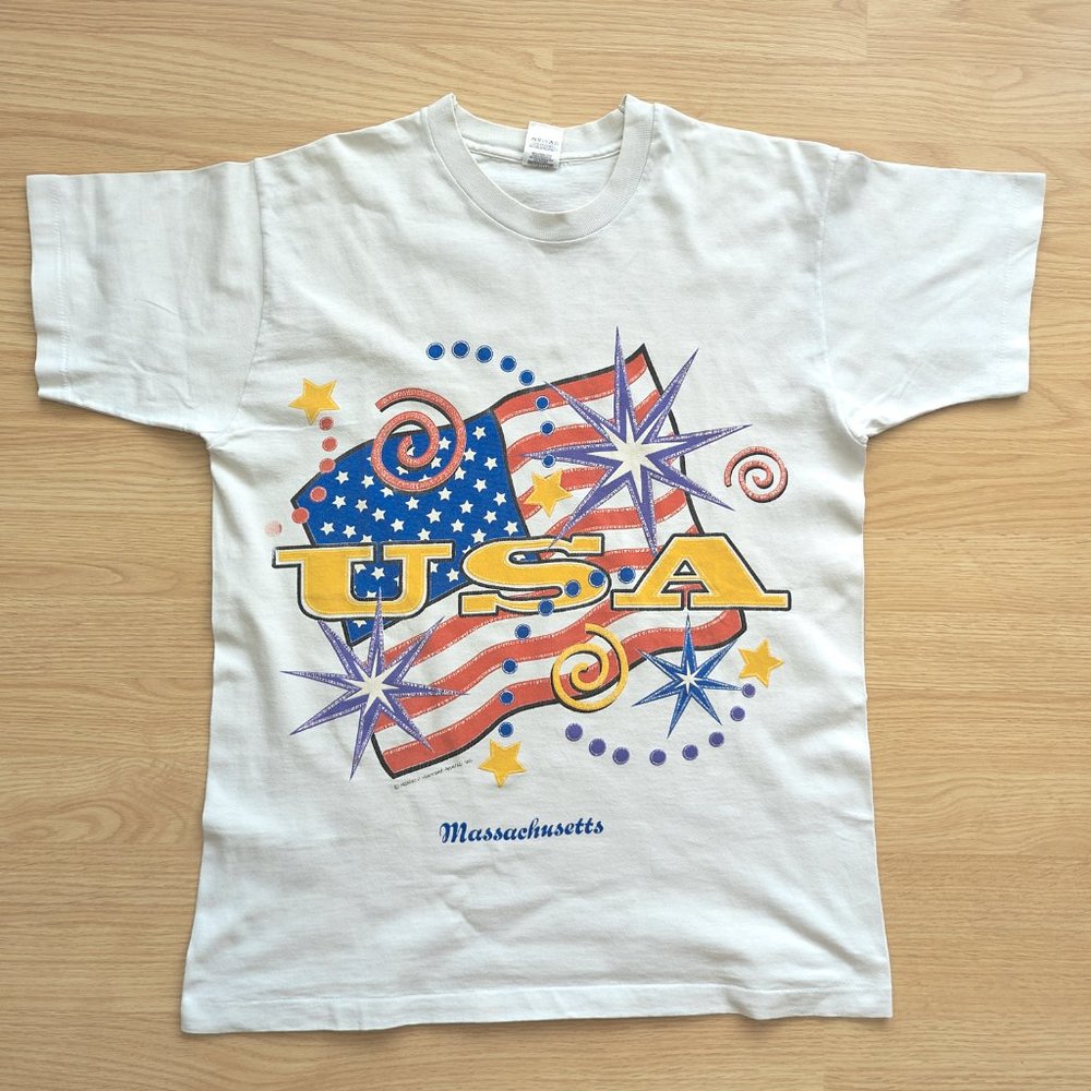 Vintage Massachusetts USA, American Flag, Men's T Shirt, Single Stitch, Size L